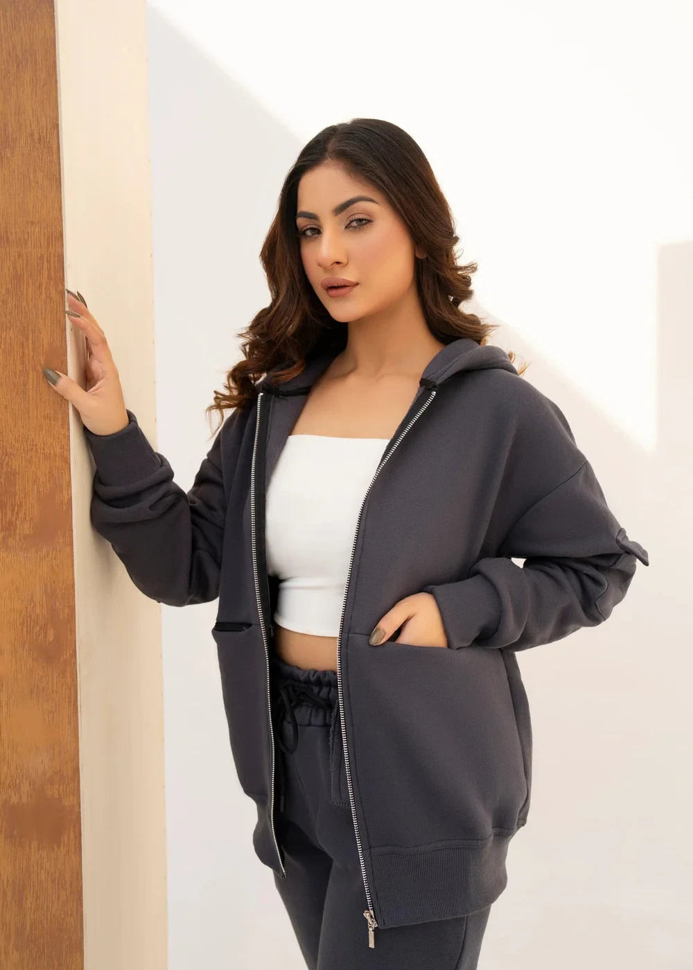 STEEL GRAY CARGO ZIPUP HOODIE